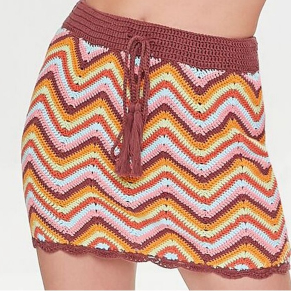Forever 21 Crochet Mini Skirt L Multicolor Zigzag Boho Festival Y2K Cotton